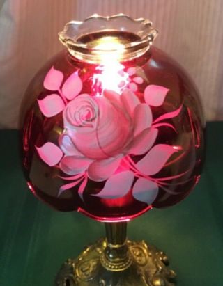 VINTAGE Westmoreland? RUBY RED GLASS ELECTRIC LAMP Hand painted Rose Signed 8