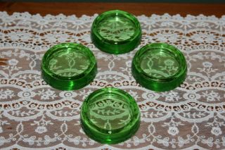 Set Of 4 Vintage Green Depression Glass Furniture Leg Coasters