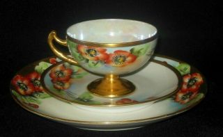 Epiag Hutschenreuther Painted Three Piece Tea Cup Saucer Plate Red Poppies 1920