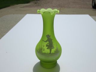 Westmoreland Green Mist Mary Gregory Hand Painted Girl With Flowers Scene Vase