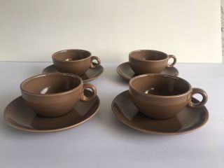 Russel Wright Iroquois Casual China Brown Set Of 4 Coffee Cups & Saucers Vintage