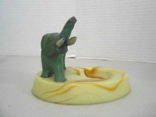Akro Agate Oval Uranium Green/brown Slag Glass With Elphant Figure Ashtray