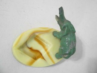 Akro Agate Oval Uranium Green/Brown Slag Glass With Elphant Figure Ashtray 2