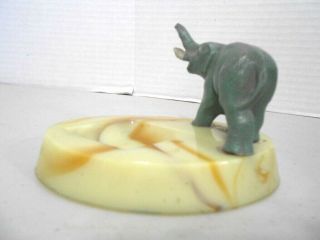 Akro Agate Oval Uranium Green/Brown Slag Glass With Elphant Figure Ashtray 4