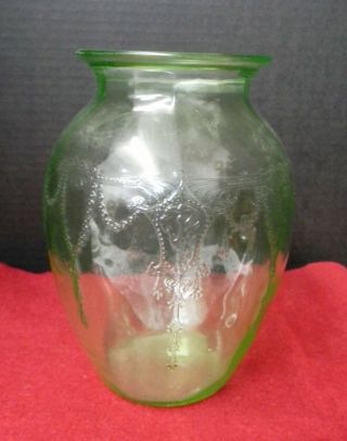 Cameo Ballerina Pattern Green Depression Glass 8 " Vase,  Ex