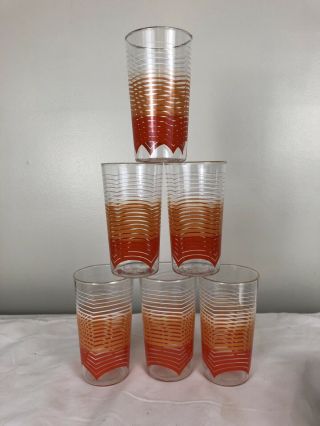 Set Of 6 Vintage Anchor Hocking Orange Striped Wave Tumblers,  Drinking Glass