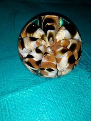 Vintage Joe Rice Art Glass Paperweight Varigated Folded Ribbons Brown Bubbles