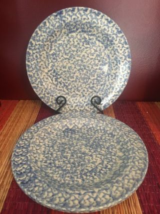 (2) Workshops Henn Pottery Roseville Blue Spongeware Dinner Plates 10in