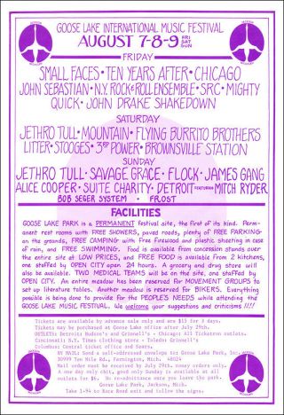 Alice Cooper Stooges Iggy Pop James Gang 1970 Goose Lake Festival Concert Poster