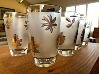 Vintage Libbey Frosted Gold Maple Leaf Water/Ice Tea Glasses,  set of 9,  12 Oz. 2