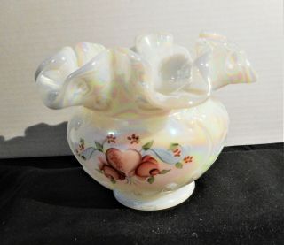 Fenton Artist Signed Pearl Iridescent Ruffled Art Glass Vase W/ Roses And Hearts