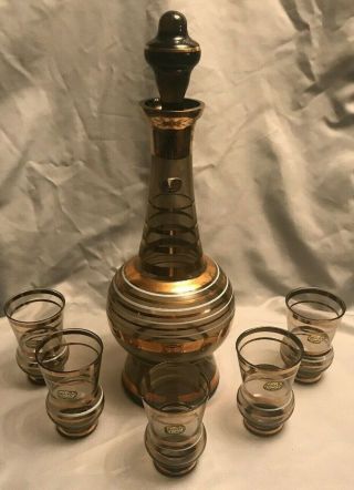 Vintage Bohemia Czech Crystal Decanter And 5 Small Glasses