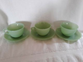 Vintage Set Of 3 Anchor Hocking Fire King Jadeite D Handle Ribbed Cup And Saucer