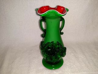 Hand Blown Art Glass Vase Green With Red Inside & Green Applied Handles & Flower