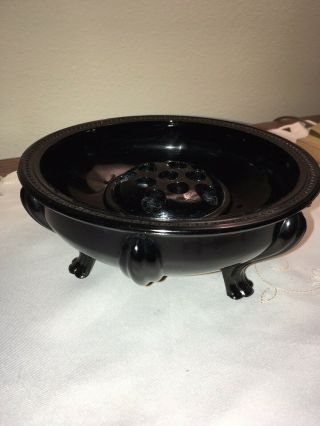Vintage Black Glass 3 Legged Bowl With Flower Frog