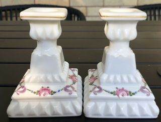Vtg Pair (2) Westmoreland Milk Glass Hand Painted Candle Stick Holders Floral