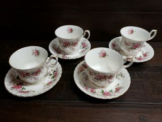 Set Of 4 Vintage Royal Albert Lavender Rose Bone China England Cups & Saucers