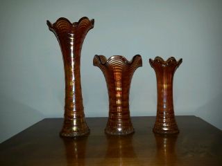 1910 Imperial Glass - Ohio Ripple Marigold Carnival Glass Vases 11 ",  7.  5 " & 7 "