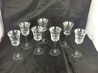 Set Of 7 Vintage Etched Clear Small Glasses Goblets Cordials 5 3/4 "