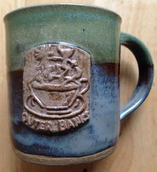 Outer Banks Nc Studio Art Pottery Coffee Mug,  Green And Brown,  Turned,  Signed