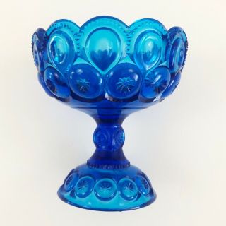 Vintage Le Smith Tall Moon And Stars Blue Glass Compote Footed Candy Dish Bowl