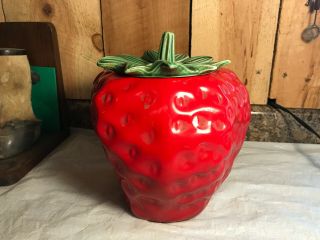 Vintage Mccoy Pottery Red Strawberry Cookie Jar With Green Stem Lid Usa 263
