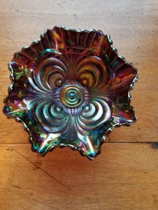 Imperial Scroll Embossed Amythyst Carnival Glass Ruffled Bowl