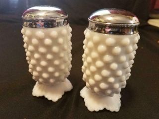 Vintage White Hobnail Milk Glass Footed Salt & Pepper Shaker Set