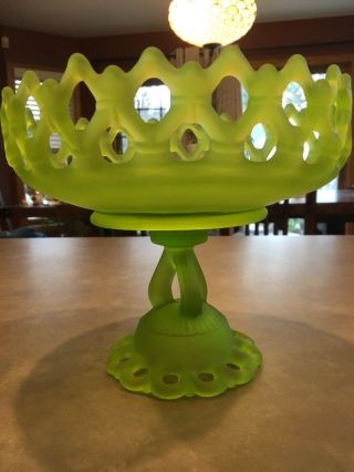Vintage Westmoreland Green Satin Glass Doric Lace Edge Footed Compote Dish