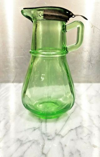 Vintage Green Depression Vaseline Uranium Glass Syrup Pitcher Hazel Atlas W/ Lid
