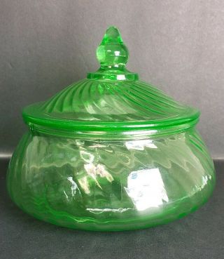 Vintage Uranium Glass Green Vaseline Candy Dish Bowl Lidded Pop Art Deco Mcm