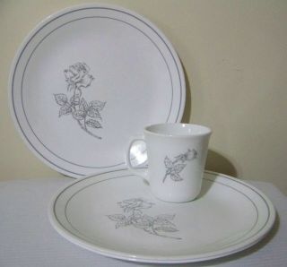 Corelle Solitary Dinner Plates Set Of 3,  1 Mug Gray Rose Retired Made In Usa