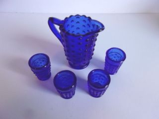 Vintage Cobalt Blue Hobnail Miniature Pitcher And 4 Tumblers Heavy Pressed Glass
