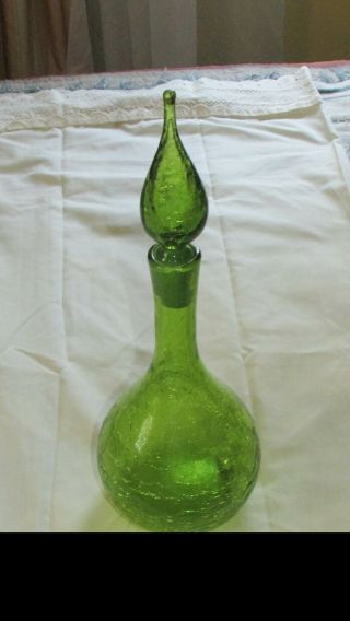 Olive Green Crackle Glass Decanter With Crackle Glass Stopper 14 " Tall