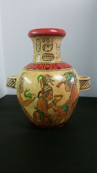 Unique Clay Pottery Vase Hand Painted Aztec/ Maya Theme Artwork