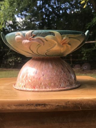 Centerpiece Bowl Vintage Roseville Art Pottery Matte Green Zephyr Lily Patt Exc