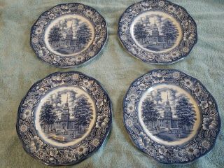 4 Liberty Blue China Dinner Plates Independence Hall Vintage Made In England