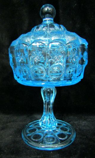 Vintage 7.  5 " Le Smith Aqua Blue Glass Moon & Star Candy Jar,  Unusual Shape
