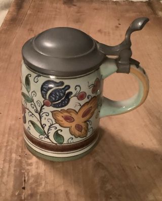 Vintage Royal Gouda Hand Painted Pottery Tankard With Pewter Thumb Lid -