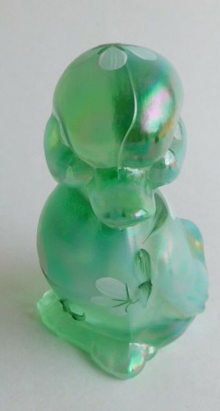 Vintage Fenton Hand Painted Floral Green Iridescent Baby Duck Artist Signed