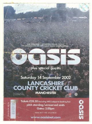 Oasis 9/14/02 Manchester England Lancashire Counrty Cricket Club Uk Ticket Stub