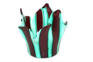 Vintage Murano Glass Ribbon Top 3 1/2 " Vase Bowl Red Green Stripe