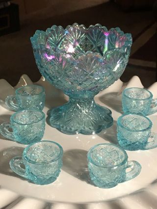 Vintage Westmoreland Miniature Punch Bowl,  6 Cups Ice Blue Thumbelina