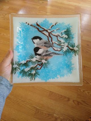 Peggy Karr Fused Art Glass Square Plate Winter Birds Black Capped Chickadees