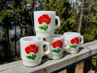 Set/4 Vintage Mid - Century Fire King/anchor Red Poppy Milk Glass Stacking Mugs