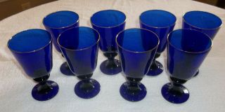 Set Of 8 Vintage Cobalt Blue W/ Gold Trim - Rim Glass Goblet Water Glass 7” Tall