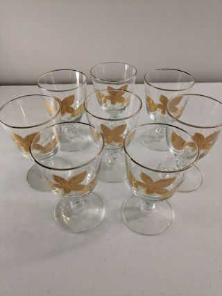 Set Of 8 Vintage Libbey Gold Leaf Glasses 5 3/8 " Tall