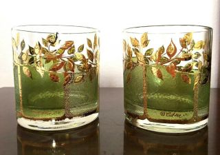Culver 2 Vintage Double Old - Fashioned Glasses 22k Gold Vine Leaves Green Screen