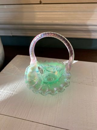 Fenton Glass Basket Green With Pink Handle