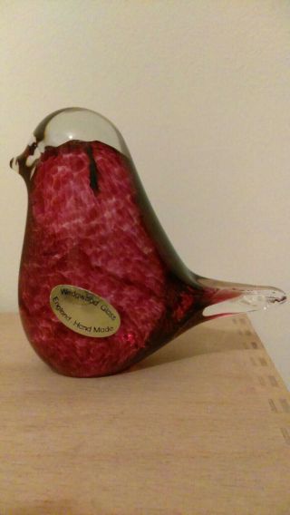 Cranberry Wedgwood Glass Bird Paperweight,  Signed With Label